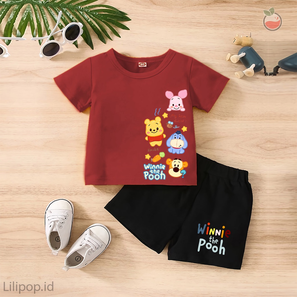 Baju Anak Stelan Kaos 3/4 POOH DISNEY Cowok Cewek  Usia 1 - 4 Tahun Celana Pendek Harian