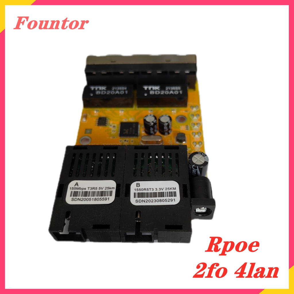 10/100Mbps RPOE 2FO 4LAN Fiber Switch 2sc 4rj45 PCBA Fiber Media Converter Yellow Color PCBA