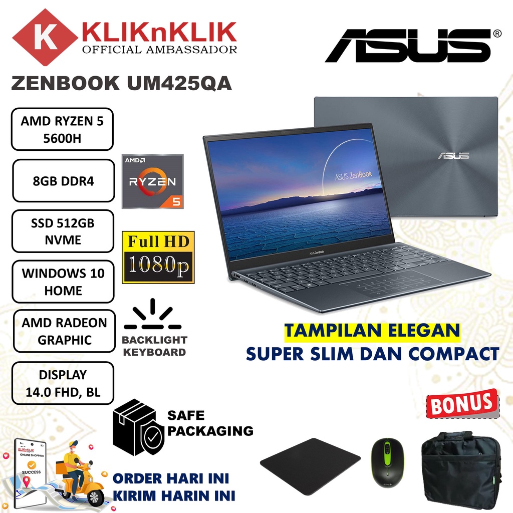 LAPTOP ASUS ZENBOOK UM425QA RYZEN 5 5600H 8GB 512GB 14&quot; FHD W10H