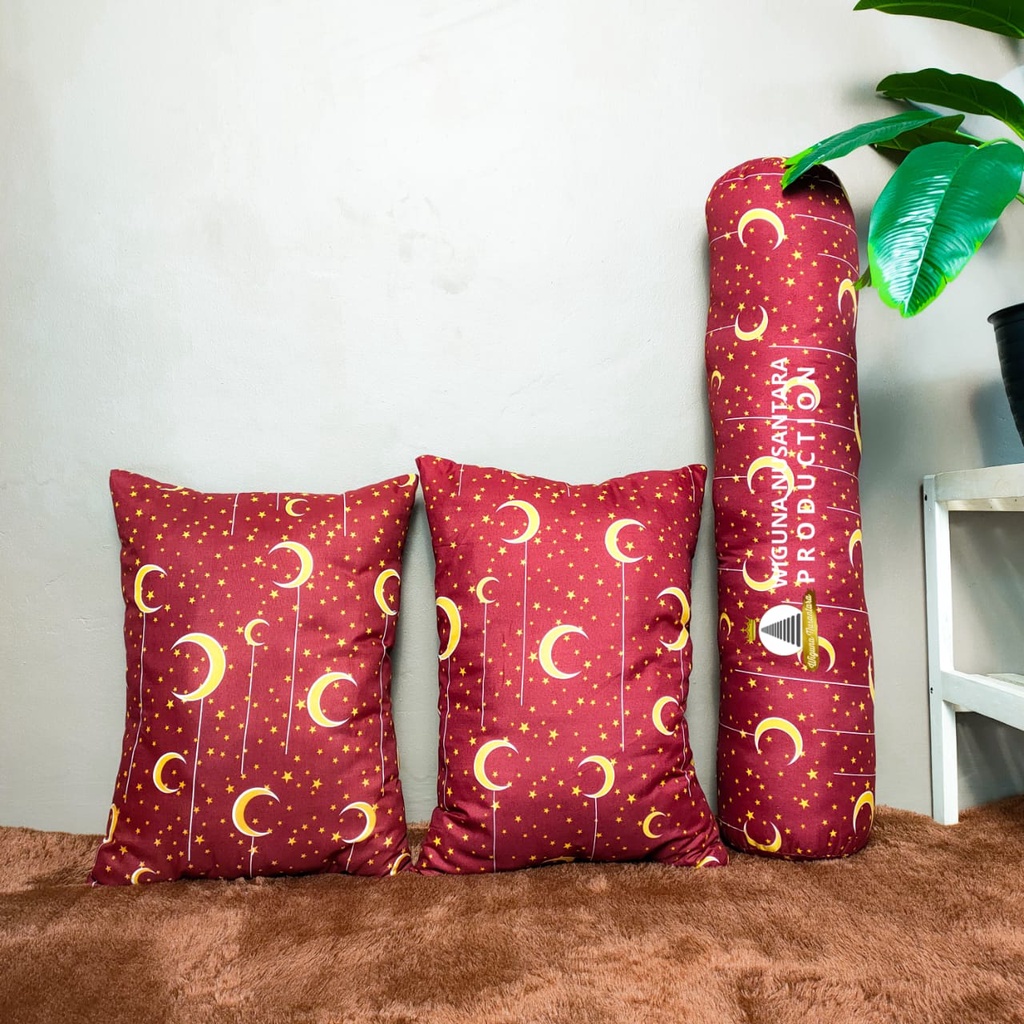 [GBK.ID] PAKET Bundling 2 Bantal dan 1 Guling Tidur CUTIE Motif Bulan Bintang - Silikon Grade A