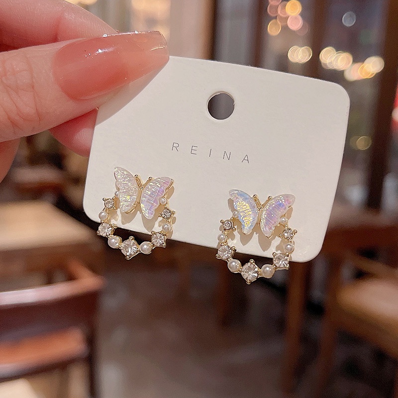 Super Cute925 Perak Jarum Gradien Kupu-Kupu Anting Perempuan ins Fashion Mutiara Telinga Studs