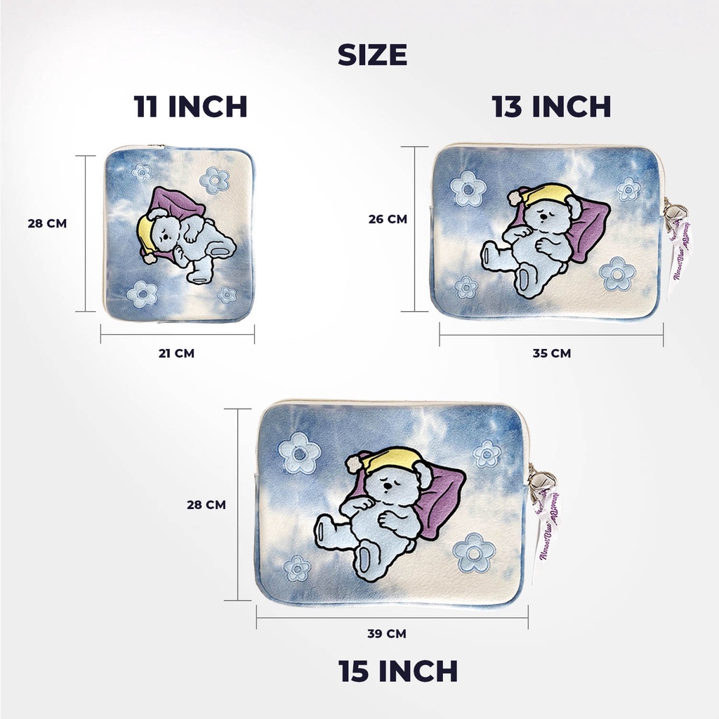 Sleeve Pouch Sarung Tas Bag Case Ipad Tab Tablet Macbook Air Pro Laptop Asus Acer Lenovo HP Huawei 11 12 13 14 15 inch Motif Gambar Beruang Bear Sleeping Warna Biru Putih Lucu Cute Murah Korean Model