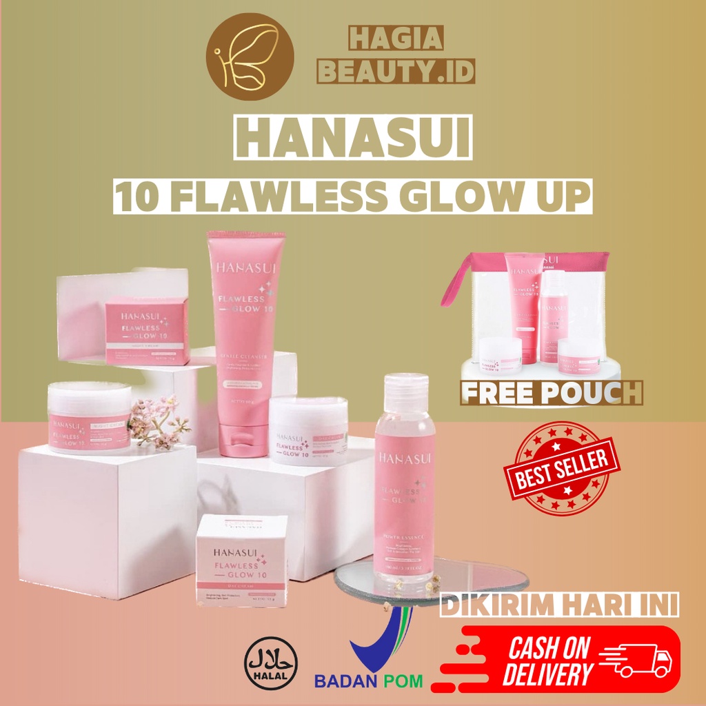 BISA COD - HANASUI FLAWLESS GLOW SET 10 + POUCH - HANASUI SKINCARE PERAWATAN WAJAH CREAM MENCERAHKAN DAN MEMUTIHKAN