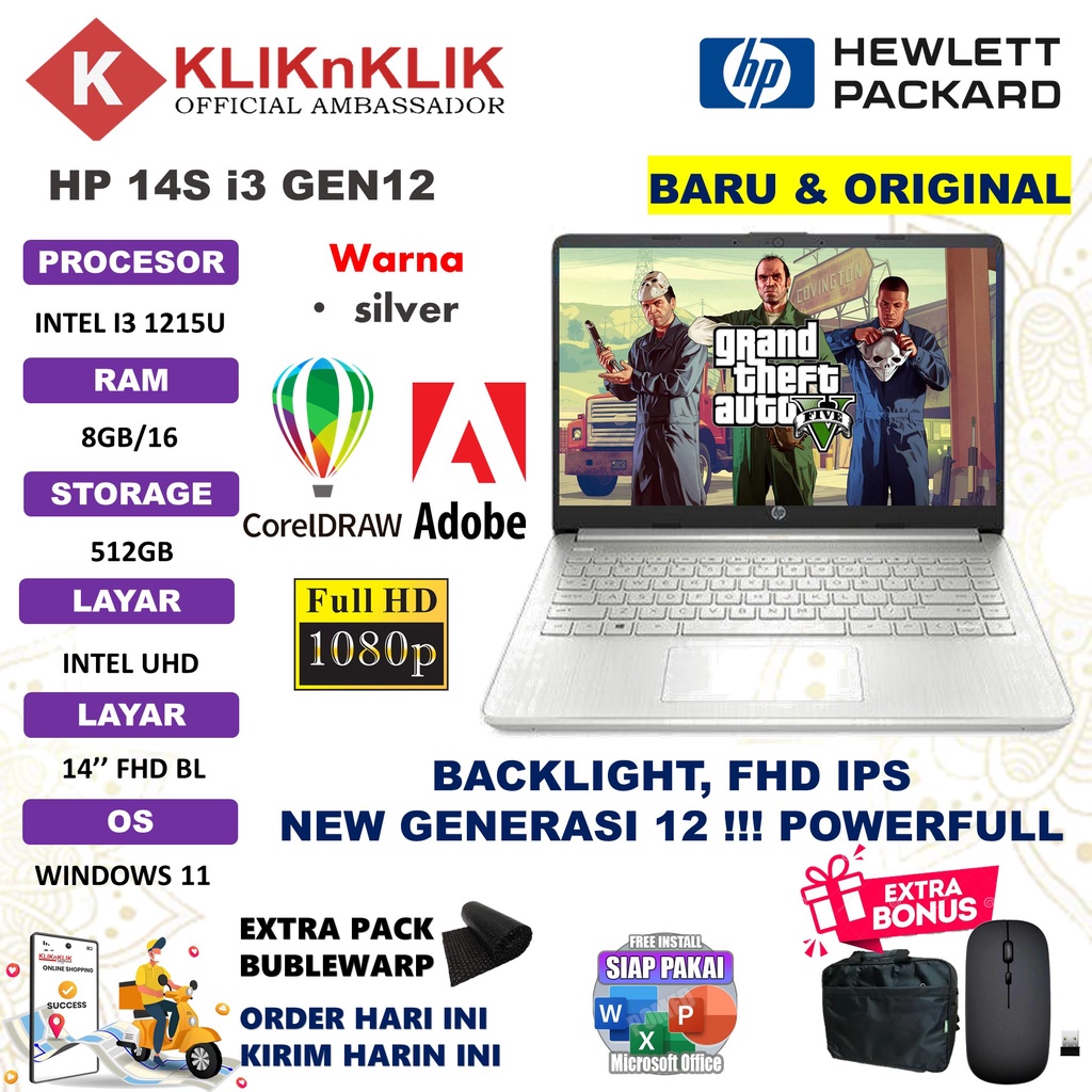 Laptop Desain HP 14S DQ2614TU Intel Core I3 1115G4 16GB 512GB 14 FHD IPS Windows 11 Home Office Original Silver Terlaris