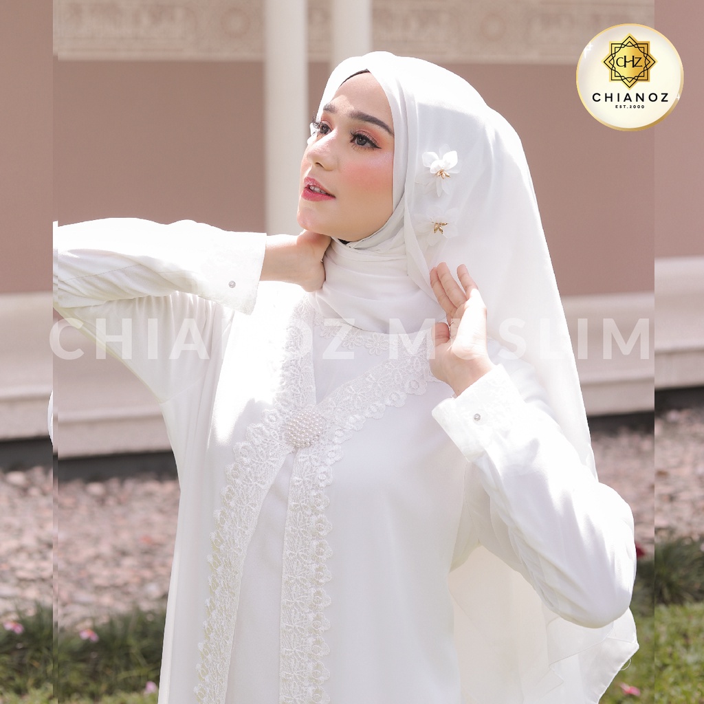 CHIANOZ Gamis Putih Mewah Raisa Dress Brukat Renda Baju Lebaran Umroh Haji Manasik Pesta Akad 905 909