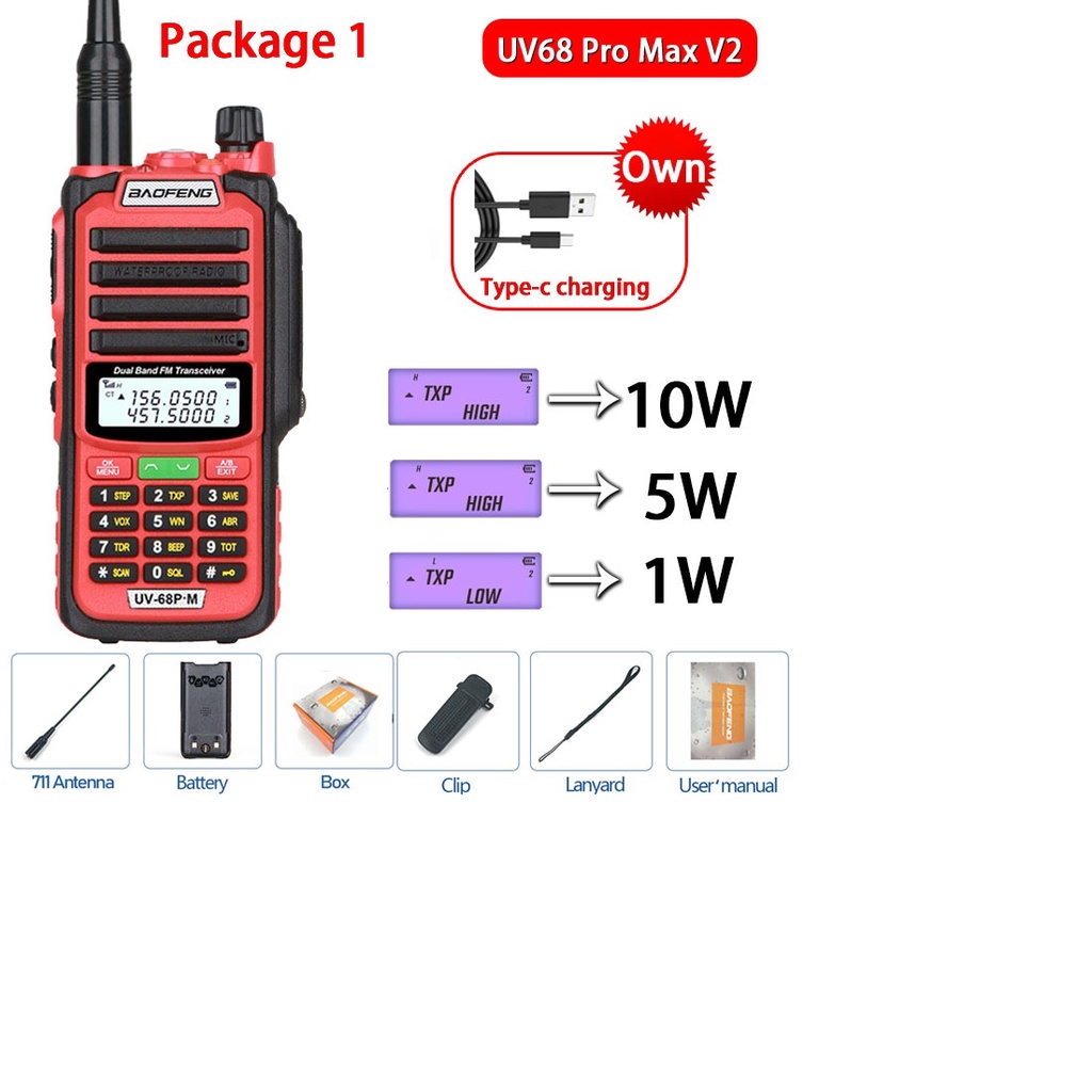 HT UV68 PRO MAX V2 Walkie Talkie IP68 10W Dual Band USB-C Charging