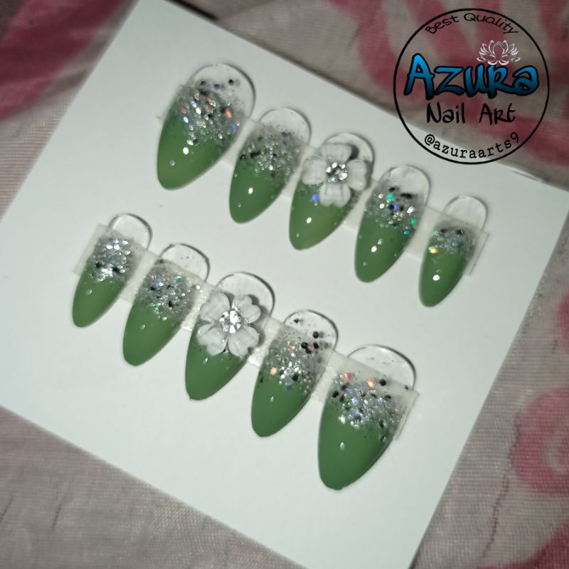 KUKU PALSU WEDDING / NAIL ART SAGE GREEN HOMEMADE FREE LEM