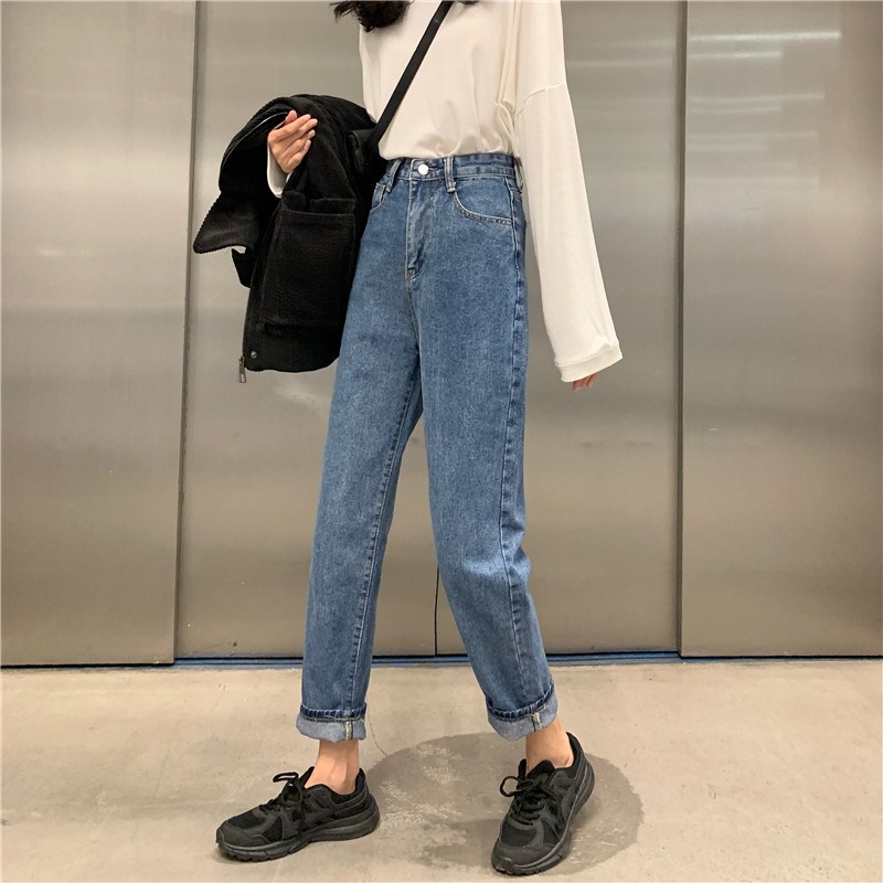 EUNII Celana Panjang Pants Wanita Jeans Straight Cropped Jeans High Waist Korean Style