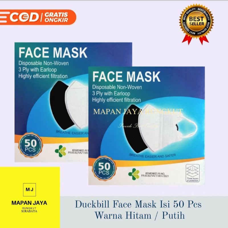 Masker Duckbill Dewasa 3Ply Duckbill Facemask Isi 50 Pcs Mix Warna Hitam Putih Termurah