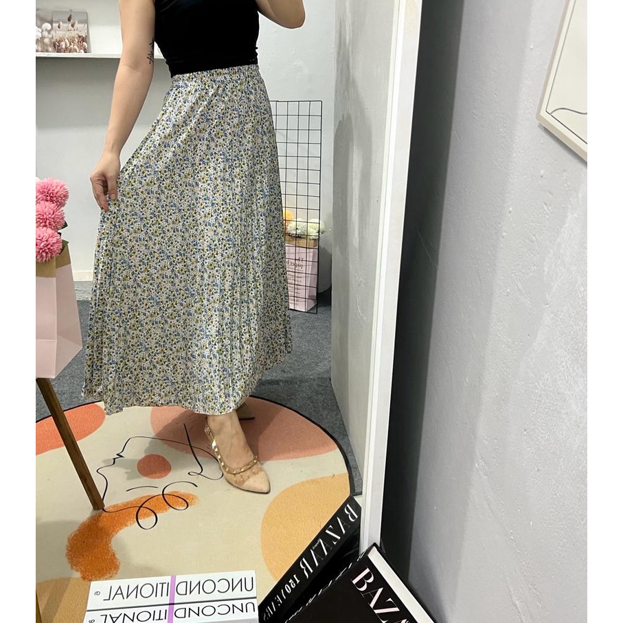 D01 pleated skirt korean style | rok plisket payung printing motif bunga kecil | rok panjang wanita