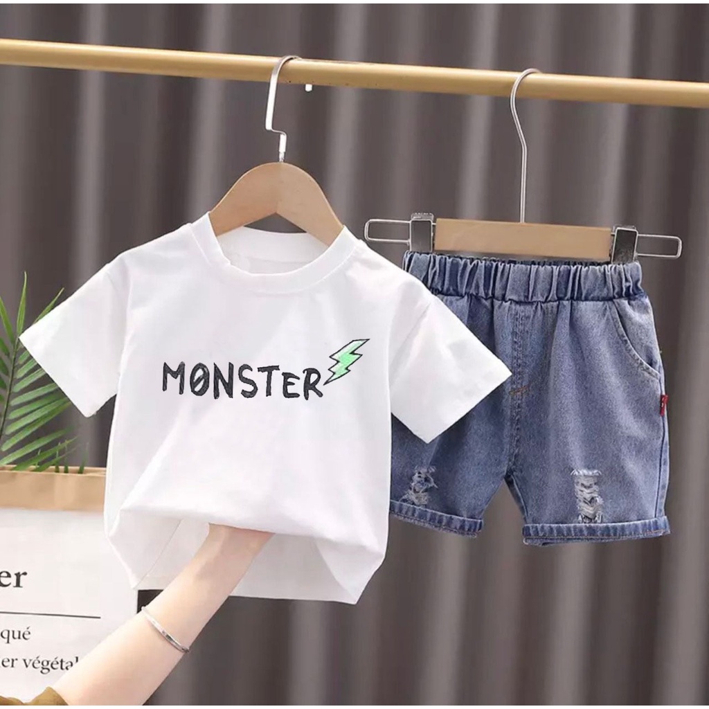 SETELAN ANAK SETELAN KAOS CELANA PENDEK DENIM ANAK UMUR 1-5 TAHUN SETELAN MONNSSTER SEKATE BAJU PAKAIAN ANAK LAKI LAKI PEREMPUAN OUTFIT ANAK MASA KINI TERBARU PAKAIAN ATASAN ANAK KASUAL TERMURAH