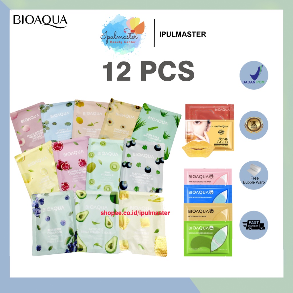 12PCS Bioaqua Essence Sheet Mask, Eye Mask dan Lip Mask Masker Wajah Bibir dan Mata