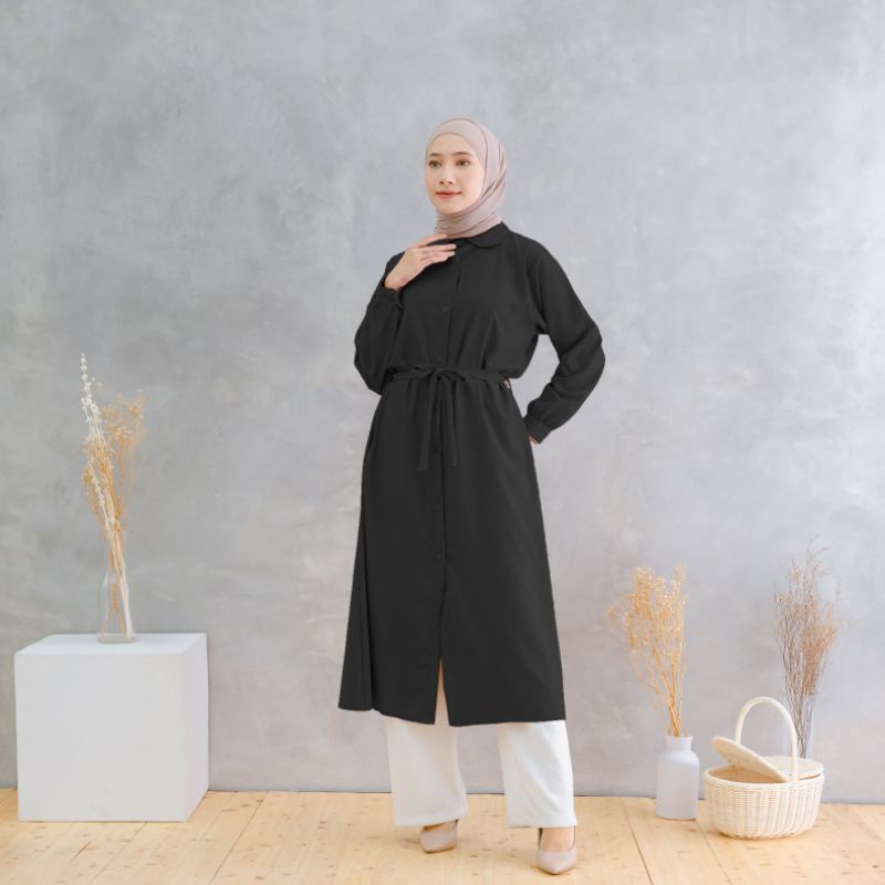 Baju Long Dress Kemeja Tunik Saning Wanita Muslim Jumbo Remaja Kekinian Polos Saku Depan