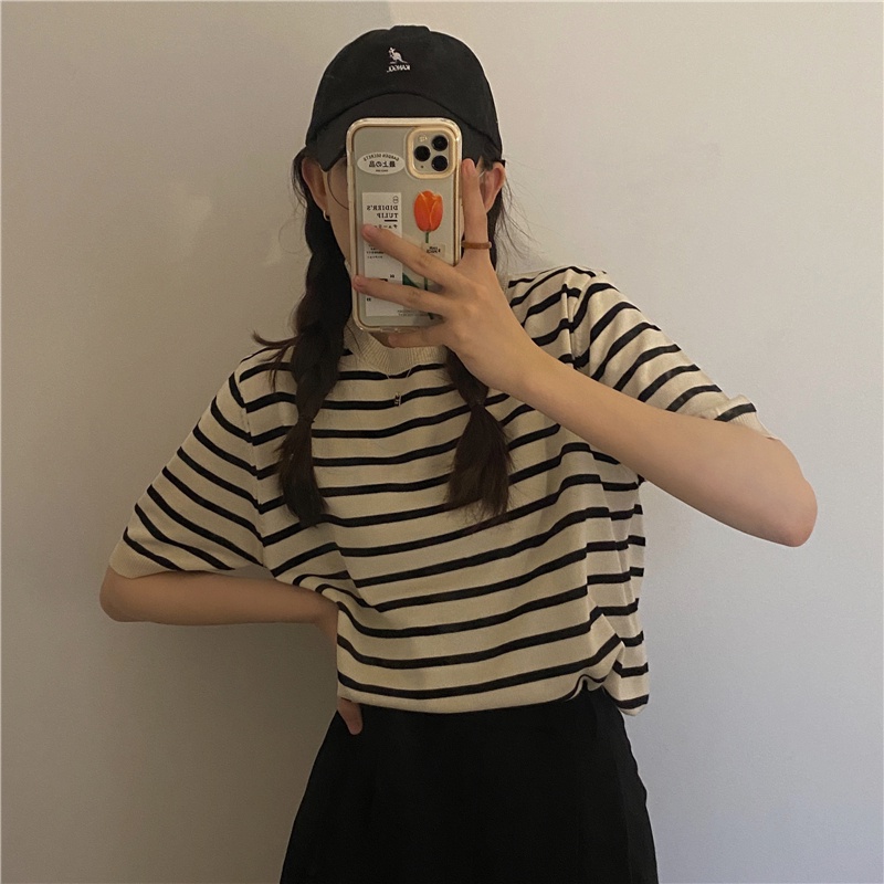 XIAOZHAINV Korean Style Knit Stripe Kaos Atasan Wanita 0390