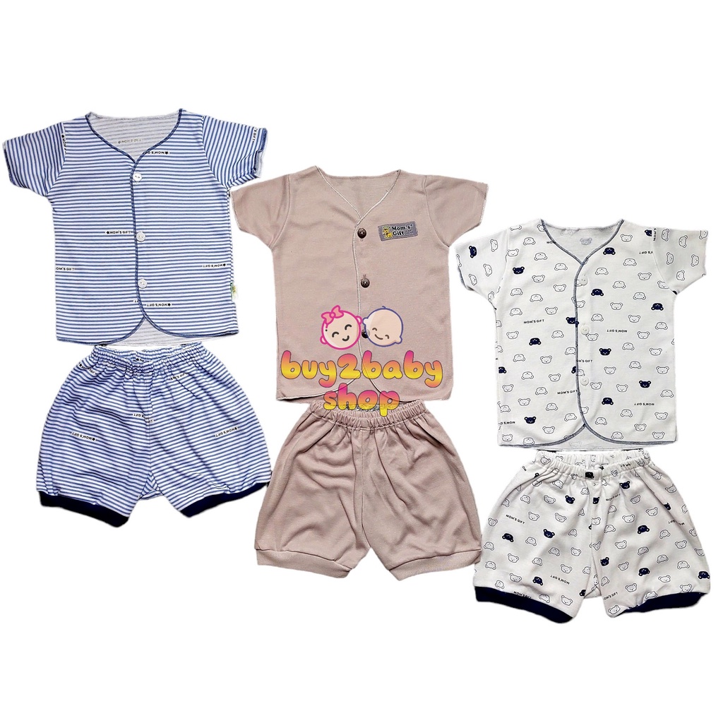 Terbaru 3 setelan baju bayi celana pendek bayi 3 motif Moms Gift bayi usia 0-3 Bulan