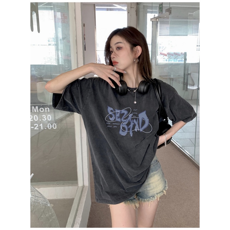 EUNII T-shirt Lengan Pendek Black Washed Retro Purple English Printing Korean Style/Kaos Atasan Wanita/Baju Wanita