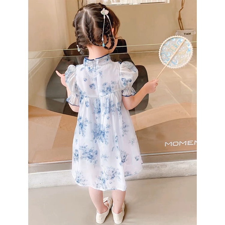 Dress Anak Perempuan Cheonsam Biru Putih Import Premium