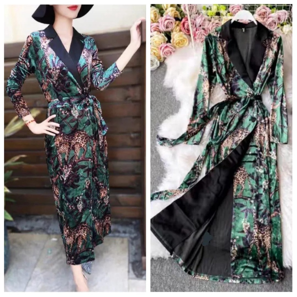 Maxi dress kimono velvet hijau motif leopard - long dress bludru import WF26670