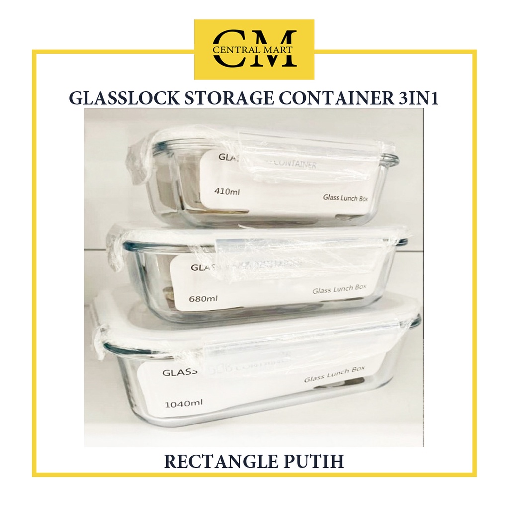 GLASSLOCK FOOD STORAGE CONTAINER 3IN1 / GLASS LUNCH SET / GLASS FOOD CONTAINER RECTANGLE & ROUND / G