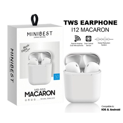 Headset Bluetooth inpods 12 TWS Macaron Earphone True Wireless Stereo HIFI Sentuh Earbud i12 MB-555 Nirkabel