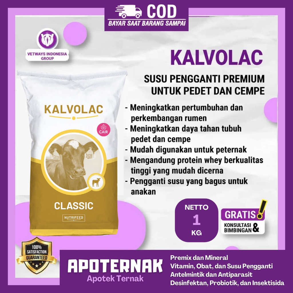 KALVOLAC 1 kg Anti Diare | Susu hewan Pengganti Susu Sambung Induk Sapi Kambing Domba Anti Mencret | Susu hewan Pedet Cempe | Master Lac, Vetways Lac | Apoternak