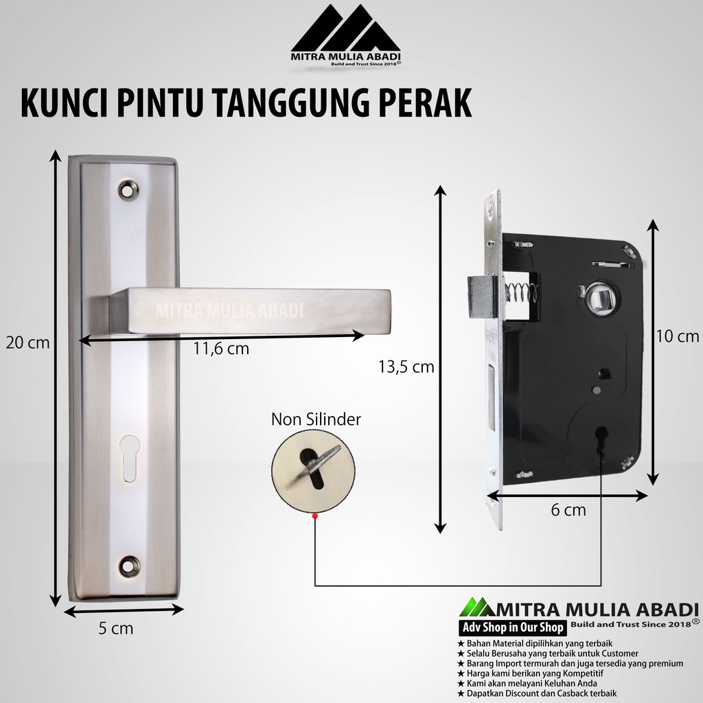 Kunci Pintu Top M-Class Set Komplit Silver | 20CM | Gagang Kotak