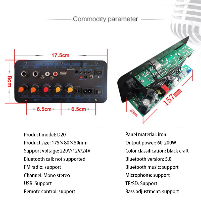 Papan Audio Amplifier Bluetooth Sound Booster with Microphone Port - D20 - Black