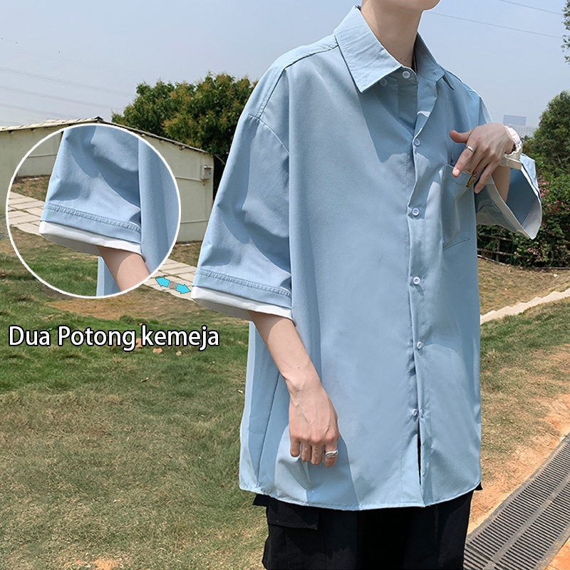 Kemeja Pria Korean Style Lengan Pendek Longgar Shirt Polos  Pria atasan kemeja oversize Baju Laki Laki hitam Kemeja Cowok Atasan pria Oversize terbaru Dua Potong kemeja Blue