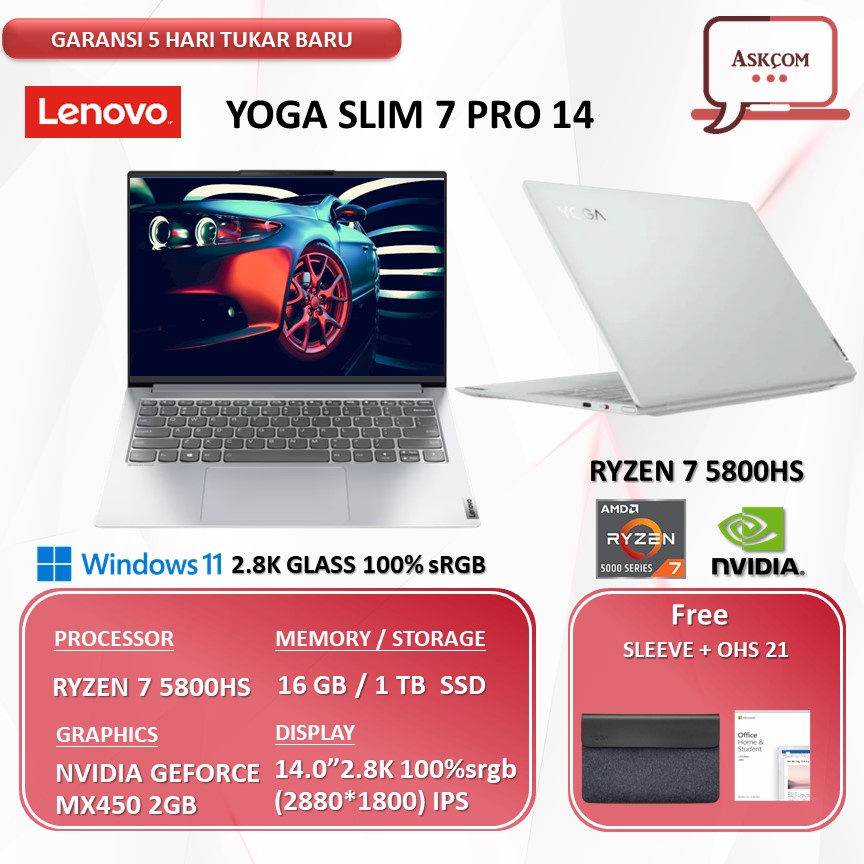 Laptop Lenovo Yoga Slim 7 Pro 14 MX450 2GB RYZEN 7 5800HS RAM 16GB 1TB SSD OHS 14.0 2.8K 100% sRGB