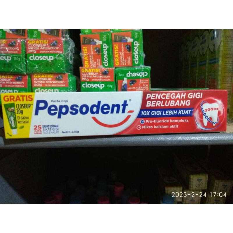 PEPSODENT PENCEGAH GIGI BERLUBANG 225GR+GRATIS CLOSEUP 20GR