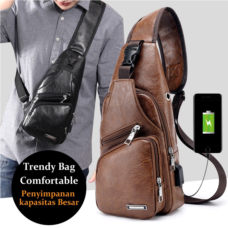 Highland Tas Selempang Kulit Pria Sling Bag  USB Port Hole Tas Bahu Slempang Murah TS601