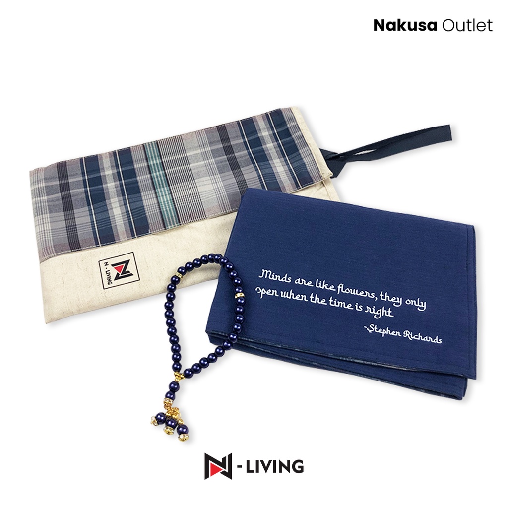 N-LIVING - Sajadah Katun Travel Pouch Linen Praktis Motif Kotak + Free Tasbih Sajadah Travelling Souvenir