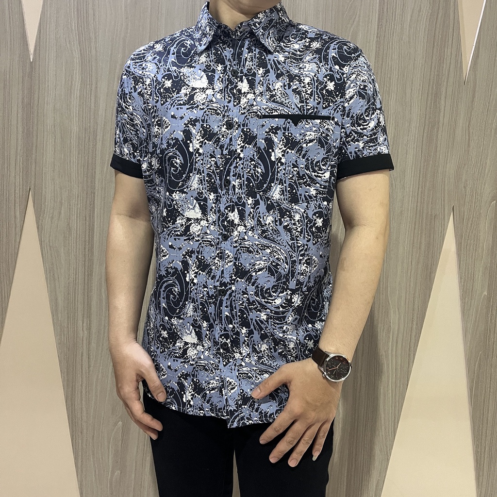 [GRIDLINE - S286 Atlantic Grey &amp; Blue] Kemeja Print Slimfit Pria Katun Lengan Pendek Casual Simpel Keren Berkualitas Premium Adem