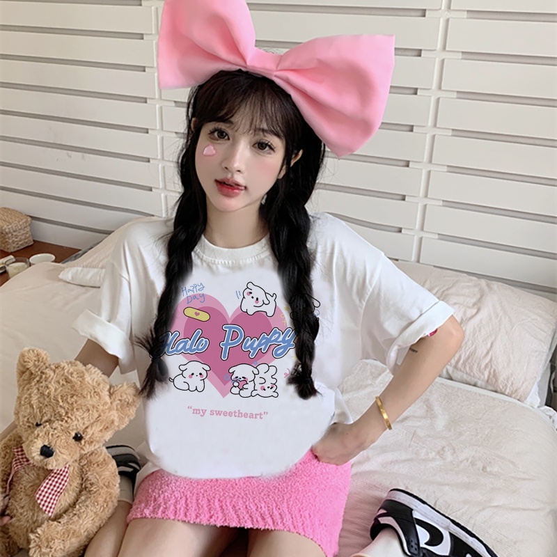 Print T-shirt Kaos Lengan Pendek Cartoon Pink Heart Dog Baju Wanita Oversize Korean Style