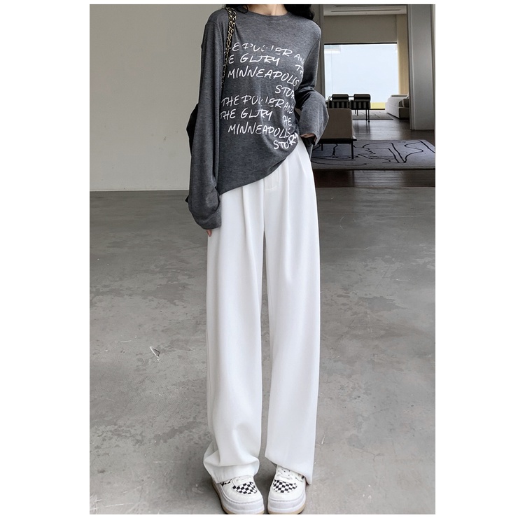 EUNII Celana Panjang Putih Casual Straight High Waist Pants Korean Style