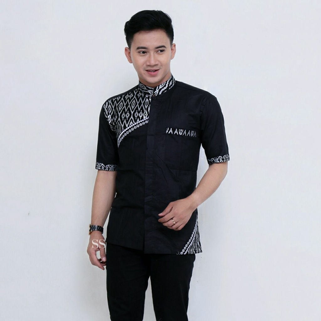 Baju koko pria lengan pendek motif slempang silver kombinasi warna hitam batik veldanava pekalongan