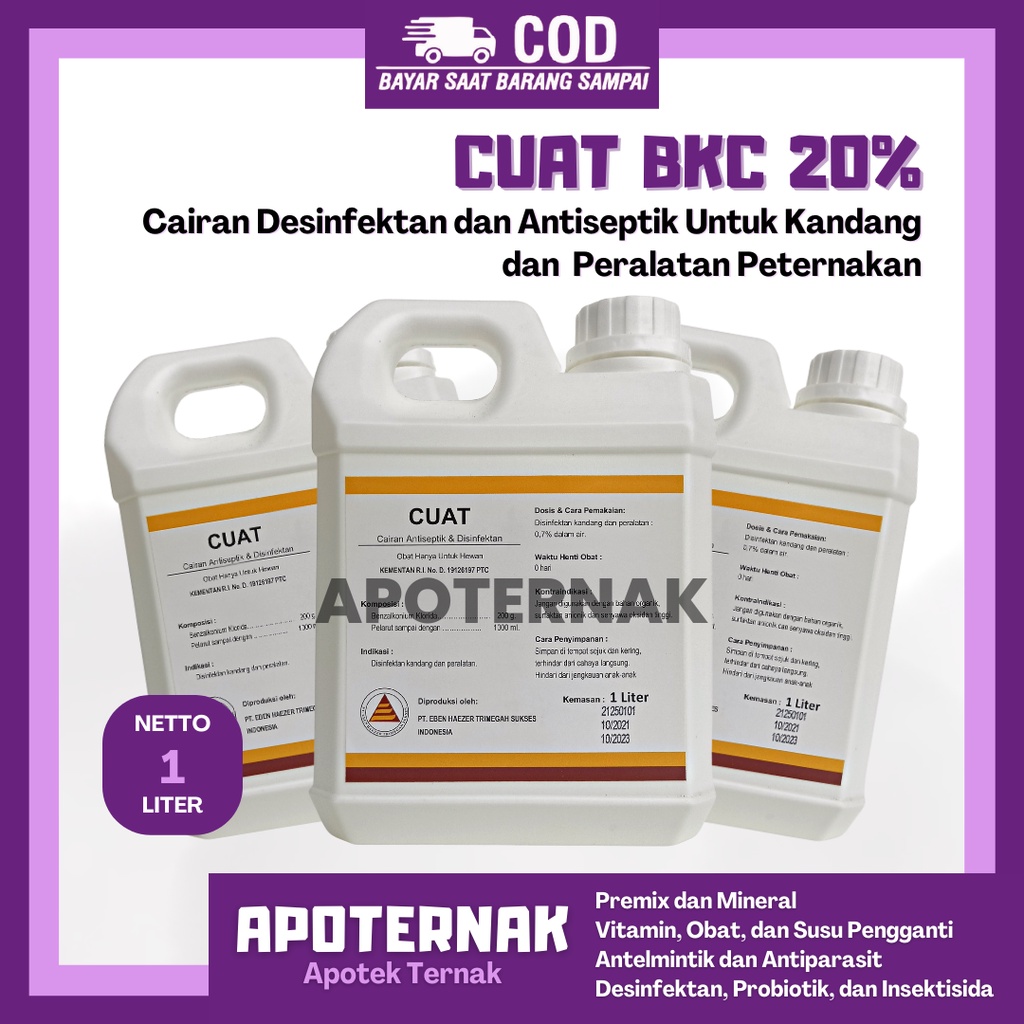 CUAT 1 Liter | BKC 20% Desinfektan dan Antiseptik Kandang dan Peralatan Peternakan | Konsentrasi 2x dari Destan