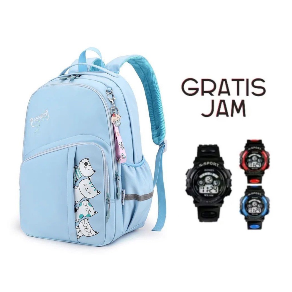 TS STORE - Tas Sekolah Anak Perempuan / Tas Ransel Anak / Tas Punggung / Gratis Jam tangan Sport / Tas Sekolah Cat Make Me Happy