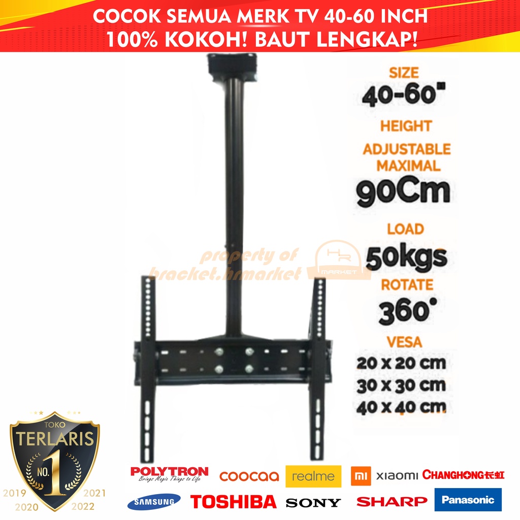 Bracket TV Ceiling Gantung 50 55 60 43 47 42 40 Inch Dijamin Cocok LED LCD 40 - 60 In Universal Breket TV Briket TV Braket TV Ceiling TV Ceiling Gantung TV Gantung Plafon TV Gantungan TV Tembok Tempelan TV Dinding HR1 Ceiling 1m