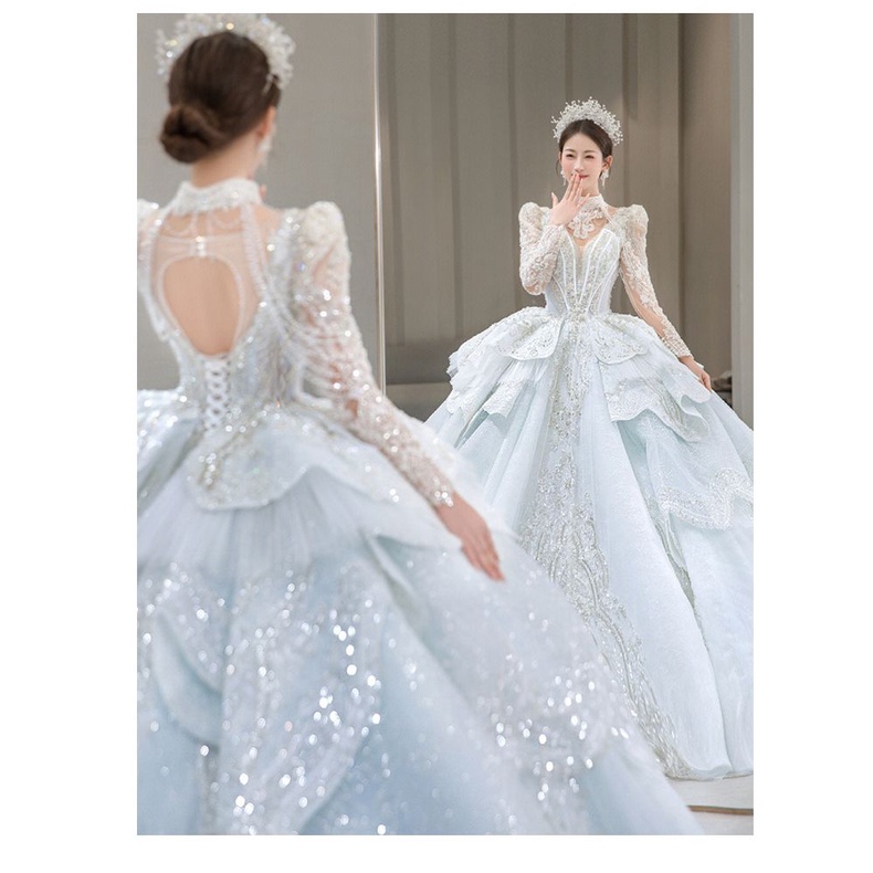 Baby Biru Gaun Pengantin Lengan Panjang Wanita Long Tail Bridal Wedding Dress Princess Bright Sequin Lace Beaded Wedding Gown Gaun Pengantin Wanita Ekor Panjang