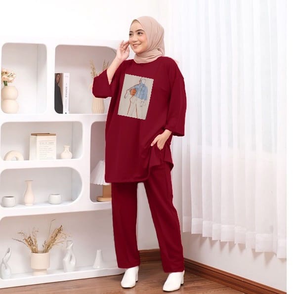 One Set Stelan Wanita Kekinian Sablon Jumbo Oversize Setcel Premium Top Basic Busui