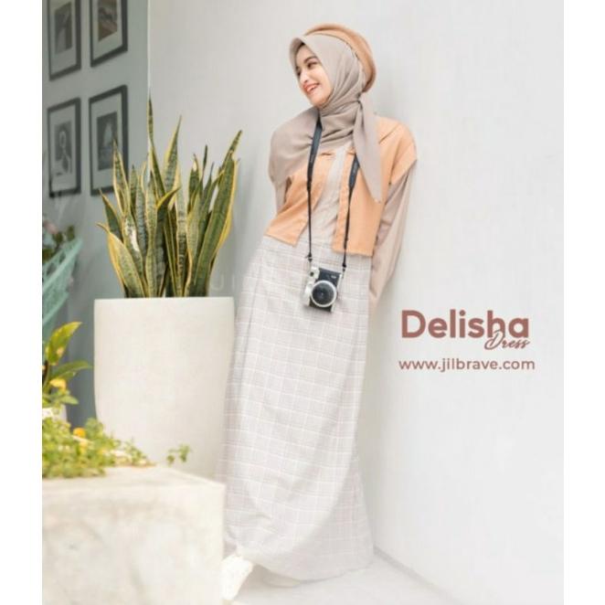 READY STOCK DELISHA DRESS JILBRAVE | Gamis Syari model Outer menyatu dengan Rok Motif Kotak kotak Cu