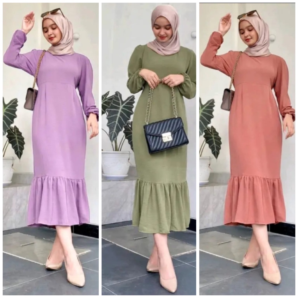 Siska midi dress bahan crinkle / Tali Belakang / size M L XL