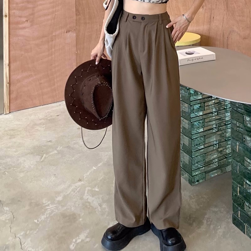 EUNII Celana Panjang Khaki Wanita Retro Basic Color Kasual Loose High Waist Straight Pants Korean Style