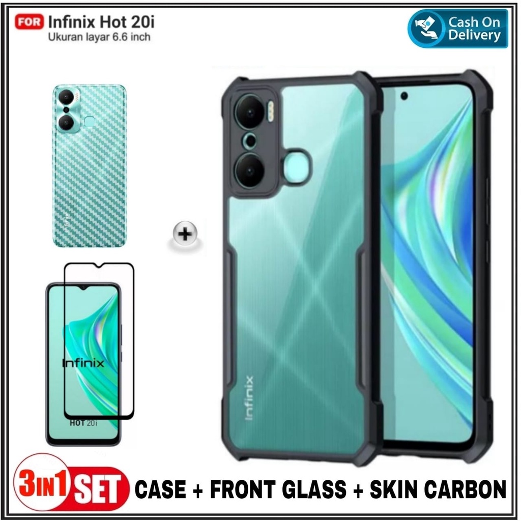Paket 3IN1 Case Infinix Hot 20i Hard Fusion Transparan Case Cover