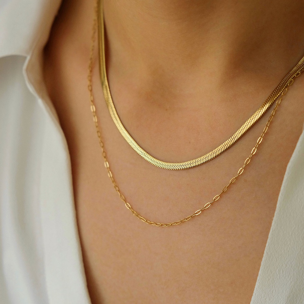 Herringbone Petite Cable Link Chain Necklace Set — Stainless Steel Kalung Rantai Anti Karat