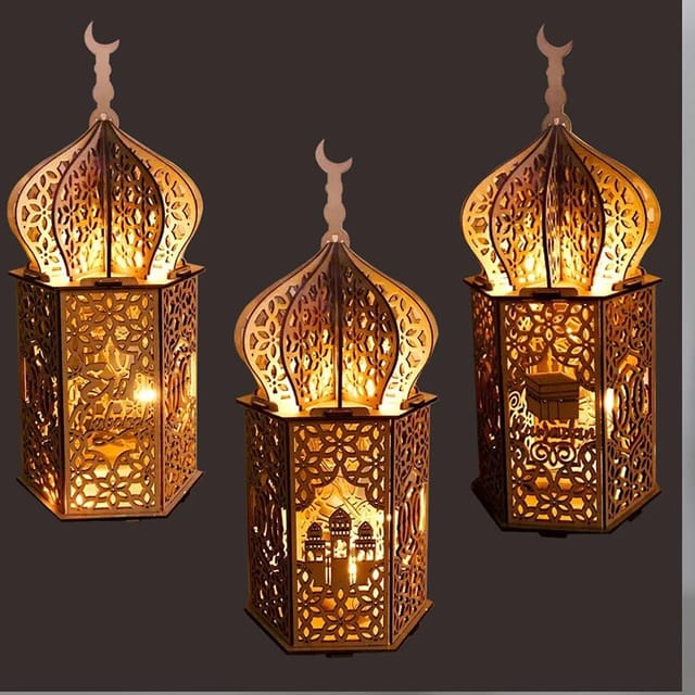 Lampu LED Dekorasi Eid Mubarak Lampu Lentera LED Kayu Lebaran Ramadan Bahan Kayu DIY