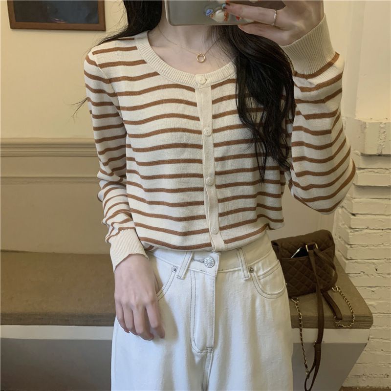 Cardigan Sweater Motif Garis Fashion Korean Crop Long Sleeve Knit Top Atasan Korean Style Wanita