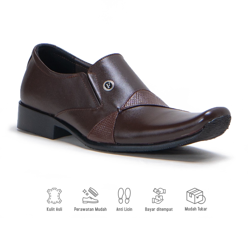 Sepatu Pantofel Slip On Pria Formal Kulit Asli Outsole Karet Kantoran Original Fordza F662