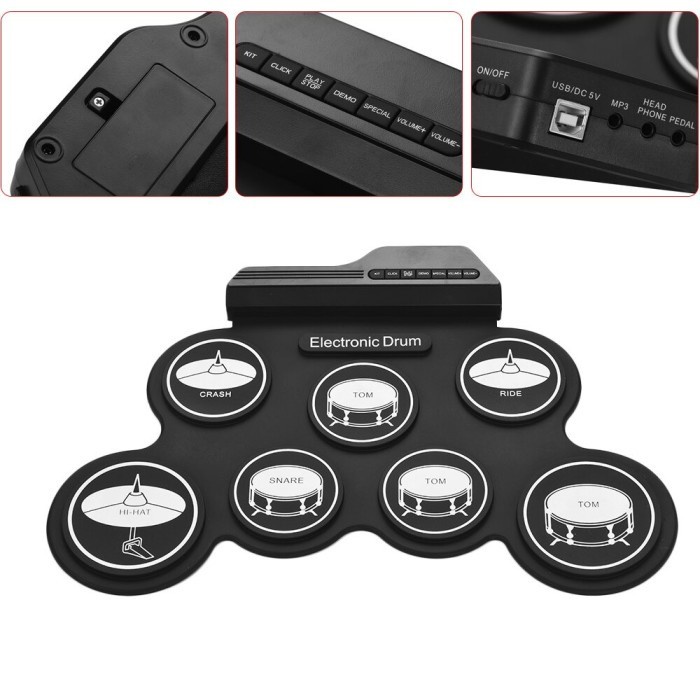 Ammoon Electronic Digital Drum Kit 7 Pads Folding USB Power G3003 - Black